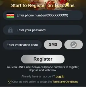 Tuzowins registration form: phone number, password, verification code by SMS or WhatsApp