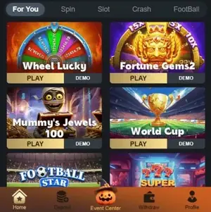 Tuzowins lobby tabs For You, Spin, Slot, Crash, FootBall with PLAY and DEMO buttons